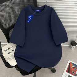 Wassup Heavyweight Pure Cotton Navy Blue Short-Sleeved T-Shirt for Men, Loose Casual Oversize Round Neck Five-Quarter Sleeve Top