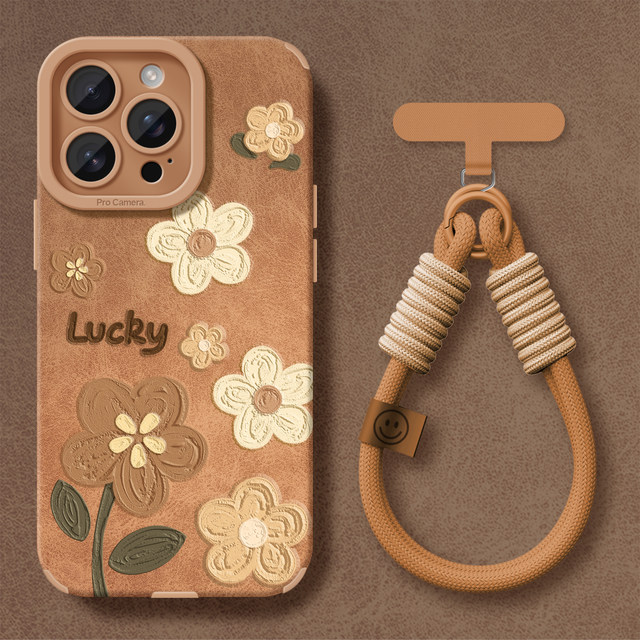 Oil painting flower suitable for Apple 15/16promax mobile phone case new iPhone17 hand rope 13promax coffee color 14 autumn and winter 16pro Maillard female plus silicone 17promax all-inclusive