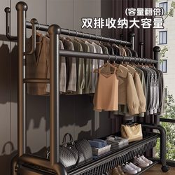 German Double-Rod Coat Rack with Wheels, Movable Floor-Standing Bedroom Clothes Rack, Room Home Use, Thickened Clothes Storage Rack