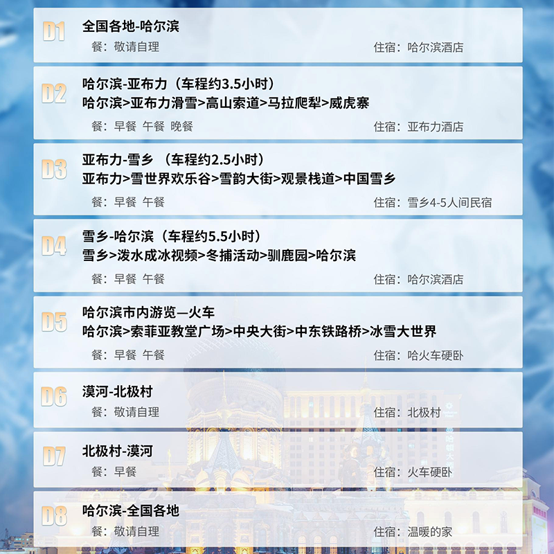 哈尔滨亚布力雪乡漠河旅游8天7晚游+升级4钻酒店+北极光+VIP滑雪