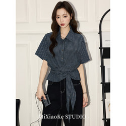 Mi Xiaoke Japanese Retro Short-Sleeved Plaid Shirt for Women, Summer Design with Side Tie, Waist-Cinching, Slimming Short Top
