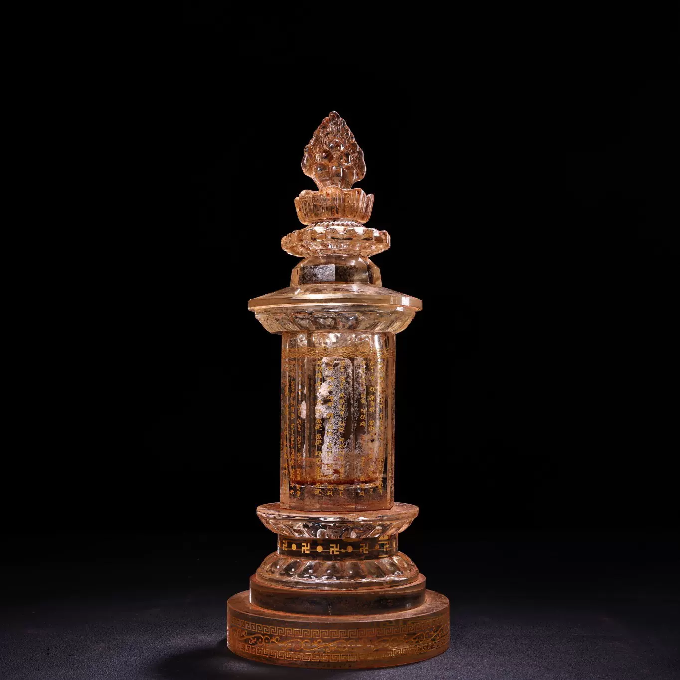 西蔵地宮出土 水晶製 手彫菠蜜心 描金 舍利塔 付金剛舍利子 仏教聖物