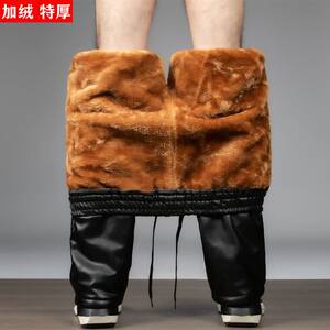 Plel of pants men's pants, high bomb leather pants and fleece thickened winter fur all more wind -proof rain, rainwater takeaway ride