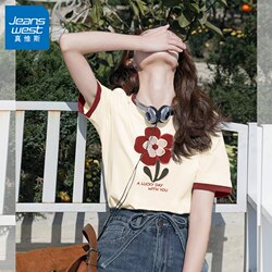 Jeanswest Color-Blocked Pure Cotton Short-Sleeve T-Shirt for Women 2025 New Popular Summer Women's Loose Slimming Top X