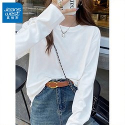 Jeanswest White Long-Sleeve T-Shirt for Women 2025 New Spring, Autumn, and Winter Pure Cotton T-Shirt for Outerwear or Layering Base Shirt X