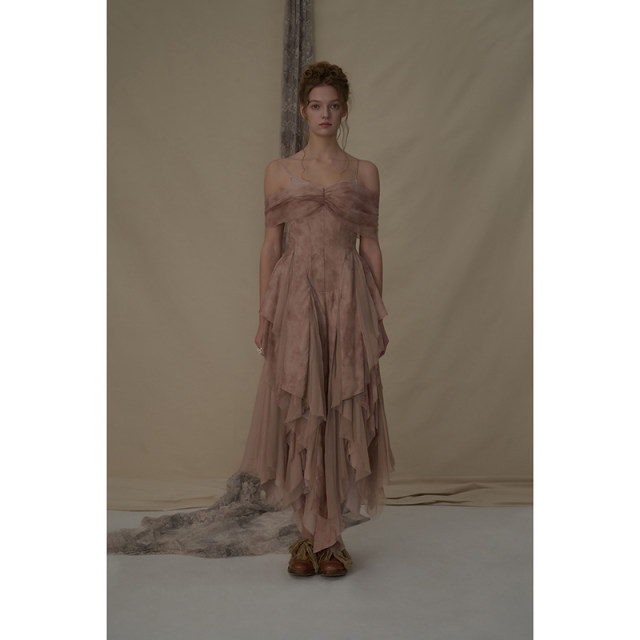 Elywood lotus root powder one-length suspender dress irregular waist-hugging vacation long skirt temperament celebrity versatile skirt