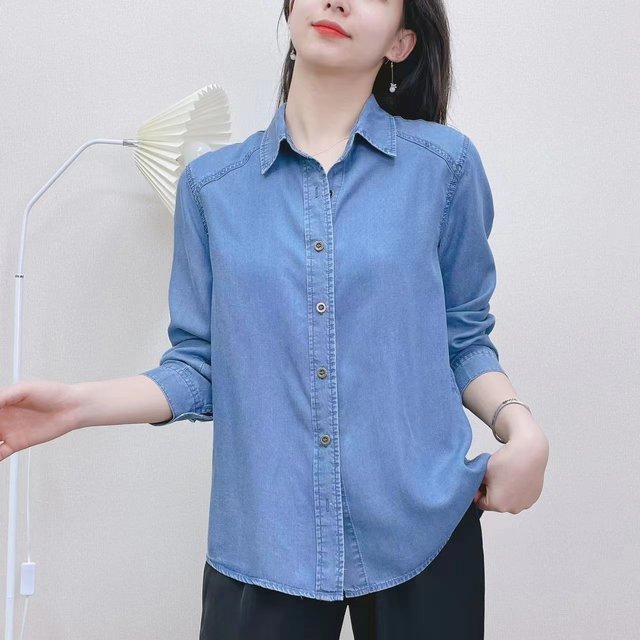 Long-sleeved high-end fashion women's temperament new large-size casual denim loose and fashionable retro blouse blue spring and autumn