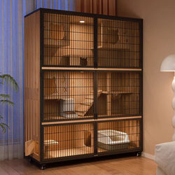 Solid Wood Cat Villa for Home Use, Indoor Large Space Climbing Frame, Integrated Cat Nest, Cat House, Iron Mesh Cat Cabinet, Panoramic Cat Cage