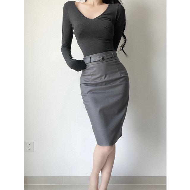Front and back belts with high-end grey sexy hip skirt OL commuting versatile slit skirt midi skirt