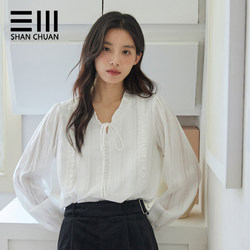 French-Style Pure Cotton Lace-Up Collar White Shirt for Women, Spring and Autumn, Petite Design, Unique and Gentle Style, Long-Sleeved Shirt