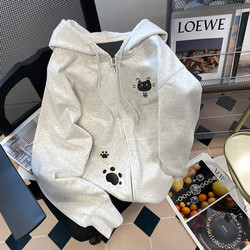 Korean Style Lazy and Fun Cat Print Cardigan Sweatshirt Jacket for Women, Spring and Autumn, Petite Size, Super Cute and Versatile Hooded Top