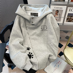 American-Style Lazy Chic, Youthful and Trendy Kitten Cardigan Jacket for Women, Autumn and Winter Fleece-Lined Heavyweight Hooded Zip-Up Sweatshirt