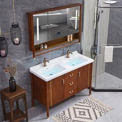 7K new Chinese style oak double basin bathroom cabinet combination bathroom smart floor-standing hand wash and face integrated ceramic wash