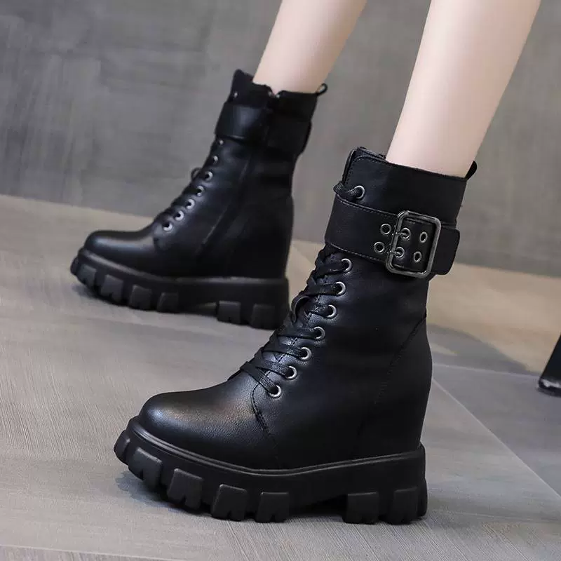 帆布马丁靴女春秋202年新款夏季薄款英伦风厚底工装靴内增高短靴-Taobao 