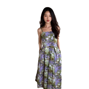 
Water lily pond is like fog and dream Monet oil painting suspender dress summer high waist retro vacation style niche