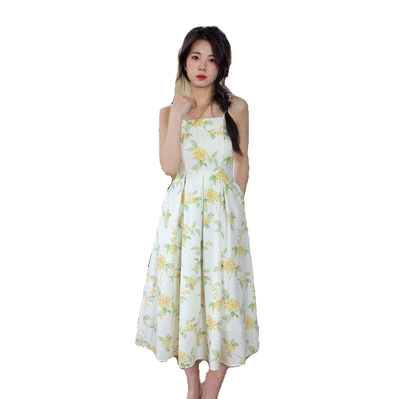 
<World-World Osmanthus Flower>Original suspender dress with literary temperamentFloral French A-line skirt with pocket high waist