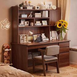 Solid Wood Ecological Board Desk with Integrated Bookshelf, Small Apartment Computer Desk, Bedroom Home Student Study Writing Desk