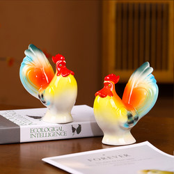 Jingdezhen Handmade Ceramic Cat Figurines, Cartoon Cute Rooster and Cat Creative Home Decoration Housewarming Ornaments