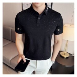 High-End Pure Cotton Embroidered Bee Men's Short-Sleeve Polo Shirt, Summer Starry Sky Rhinestone Thin Style Turn-Down Collar T-Shirt for Men