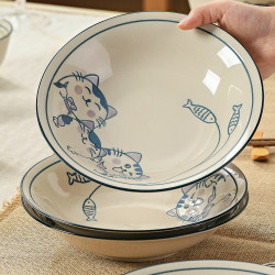 Jingdezhen Underglaze Color High-Temperature Fired Japanese-Style Cartoon Minimalist Cat Leisure Scene 78inch 【Single Plate Set】