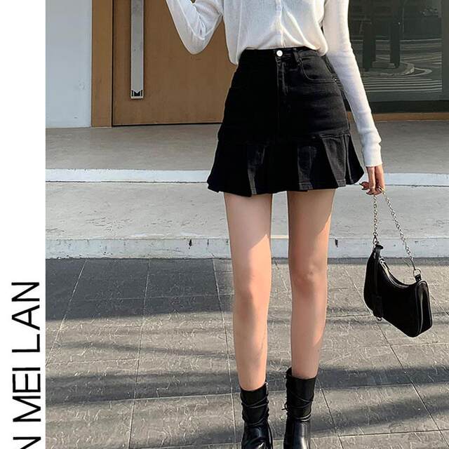 
Design-sensible denim short skirt for women with ultra-short high waist slim skirt A-line pleated skirt 2025 new autumn