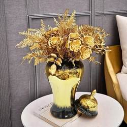 Popular ceramic light luxury electroplated black gold jar European flower arrangement vase crafts ornaments entrance soft decoration storage