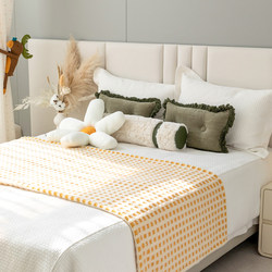 Nordic Children's Room Model Room Bedding, Anti-Backflow Wind Yellow and White Checkered Bed Runner, Lamb's Wool Blanket, Green Tassel Cushion