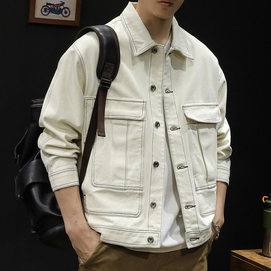 Beige denim jacket for men in spring and autumn plus fat plus S large size trendy brand men's casual 2023 new men's work clip