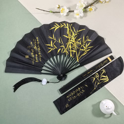 8inch Black Gilded Folding Fan Double-Sided Fan Ancient Style Folding Fan Durable Silk Cloth Fan Chinese Fan Unisex