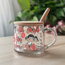 ins Glass Cup with Straw, Milk Breakfast Cup, Cute Cartoon Scale Cup with Lid and Spoon, New Product with Printing