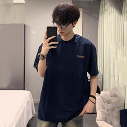 Navy Blue Heavyweight Pure Cotton Short-Sleeve T-Shirt for Men, New Summer American High Street Fashion Brand, High-End Loose Student Top