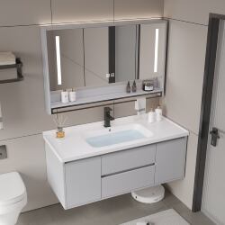 Guangdong Foshan Bathroom Cabinet with Ceramic Integrated Basin and Solid Wood Combination, Bathroom Washbasin Cabinet and Vanity Set