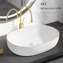 Light Luxury Countertop Washbasin, Single Basin for Home Use, Ceramic Countertop Washbasin, Oval Art Basin with Gold Rim