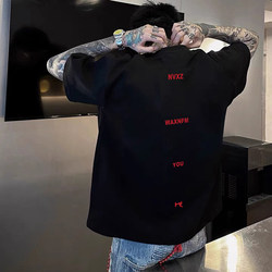 American Retro Niche Letter Short-Sleeve T-Shirt for Men, Summer Heavyweight, Regular Shoulder, Loose Fit, Small Neckline, Hip-Hop Half-Sleeve Top