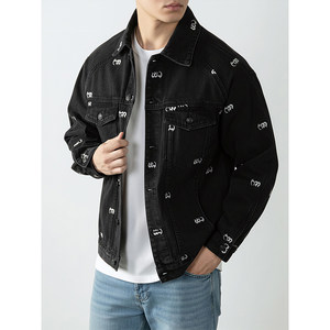 
Cotton embroidered denim jacket men's spring and autumn 2025 new fashion brand washed denim jacket black American retro