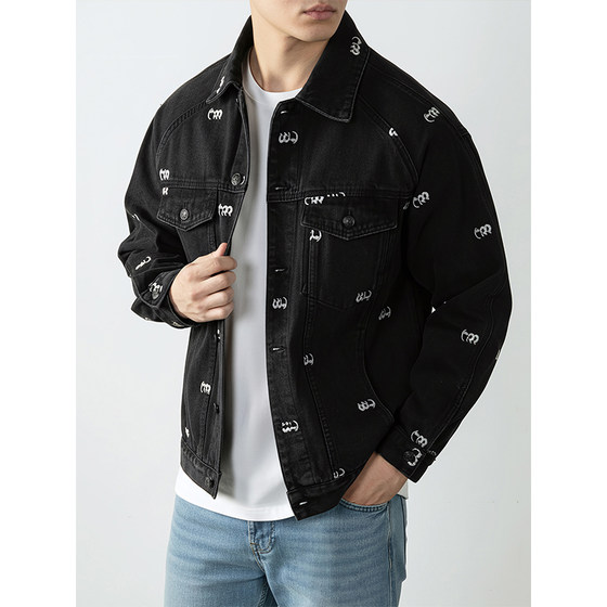 
Cotton embroidered denim jacket men's spring and autumn 2025 new fashion brand washed denim jacket black American retro