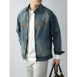 
Retro American style stand collar denim jacket for men spring and autumn 2025 new trendy brand loose casual washed denim jacket