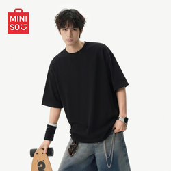 Miniso Black Short-Sleeve T-Shirt for Men, Summer 2026 New Heavy Cotton Half-Sleeve Regular Shoulder Round Neck T-Shirt Y
