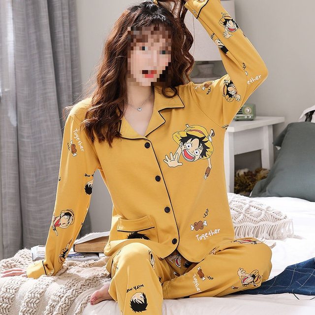 Spring and autumn pajamas for women, cotton long-sleeved suits, large size cardigans, cute girls and students can be worn as home clothes