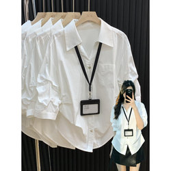 Korean Chic White Pleated Mid-Sleeve Polo Collar Shirt for Women, Summer High-End Loose-Fitting Workwear Sun Protection Shirt, Trendy