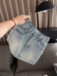 Plus-Size High-Waisted A-Line Rhinestone Denim Short Skirt for Women, Summer 2026 New Slim-Fit Short Bodycon Skirt Trendy