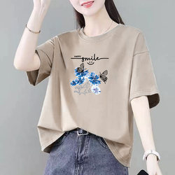 Foreign Trade Discount Store 100% Cotton Short-Sleeved T-Shirt for Women Summer New Loose Round Neck Casual Versatile Printed Top