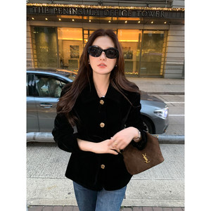 
Maven Lin Soft and glossy retro style short coat feminine detachable belt velvet top