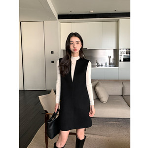 Maven Lin Minimalist wool 100% double-sided wool dress for women in autumn and winter deep V-neck wool vest skirt A-line skirt