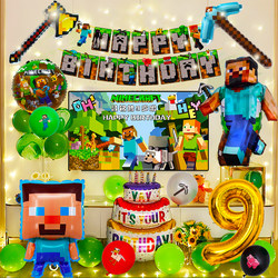 Minecraft Birthday Banner Balloon Set Pixel Game 10Th Birthday Party Decoration Supplies