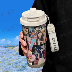 Li Qimeng's Cute and Beautiful Peripheral Products: 316 Stainless Steel Large-Capacity Thermos Cup with Straw, Suitable for Car Use, Dual-Purpose Coffee Cup