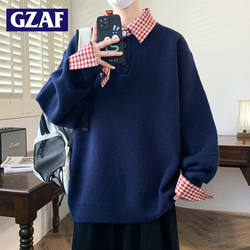 Gzaf High-End Spliced Fake Two-Piece Sweater for Men, Winter Thickened Knitwear, Casual Plaid Shirt Collar Knitwear