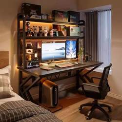 Home Desk with Bookshelf, Integrated Computer Desk, Pegboard Study Desk, Bed Desk, Bedroom Gaming Desk and Chair, Desktop Office Desk with Wheels