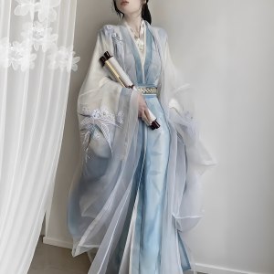 
Original Hanfu Women [Lotus Goddess Fu] Wei and Jin style heavy industry embroidered large sleeve shirt waist seal straight hem cold waist set