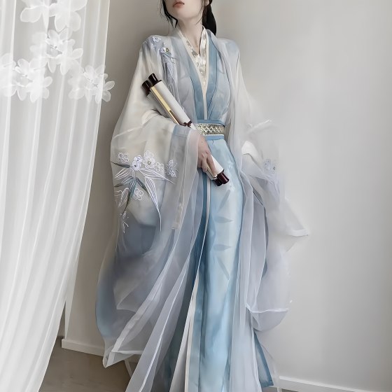 
Original Hanfu Women [Lotus Goddess Fu] Wei and Jin style heavy industry embroidered large sleeve shirt waist seal straight hem cold waist set